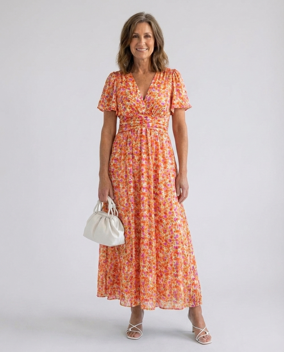 Floral V-Neck Flutter Sleeve Ruched Waist Maxi Dress
