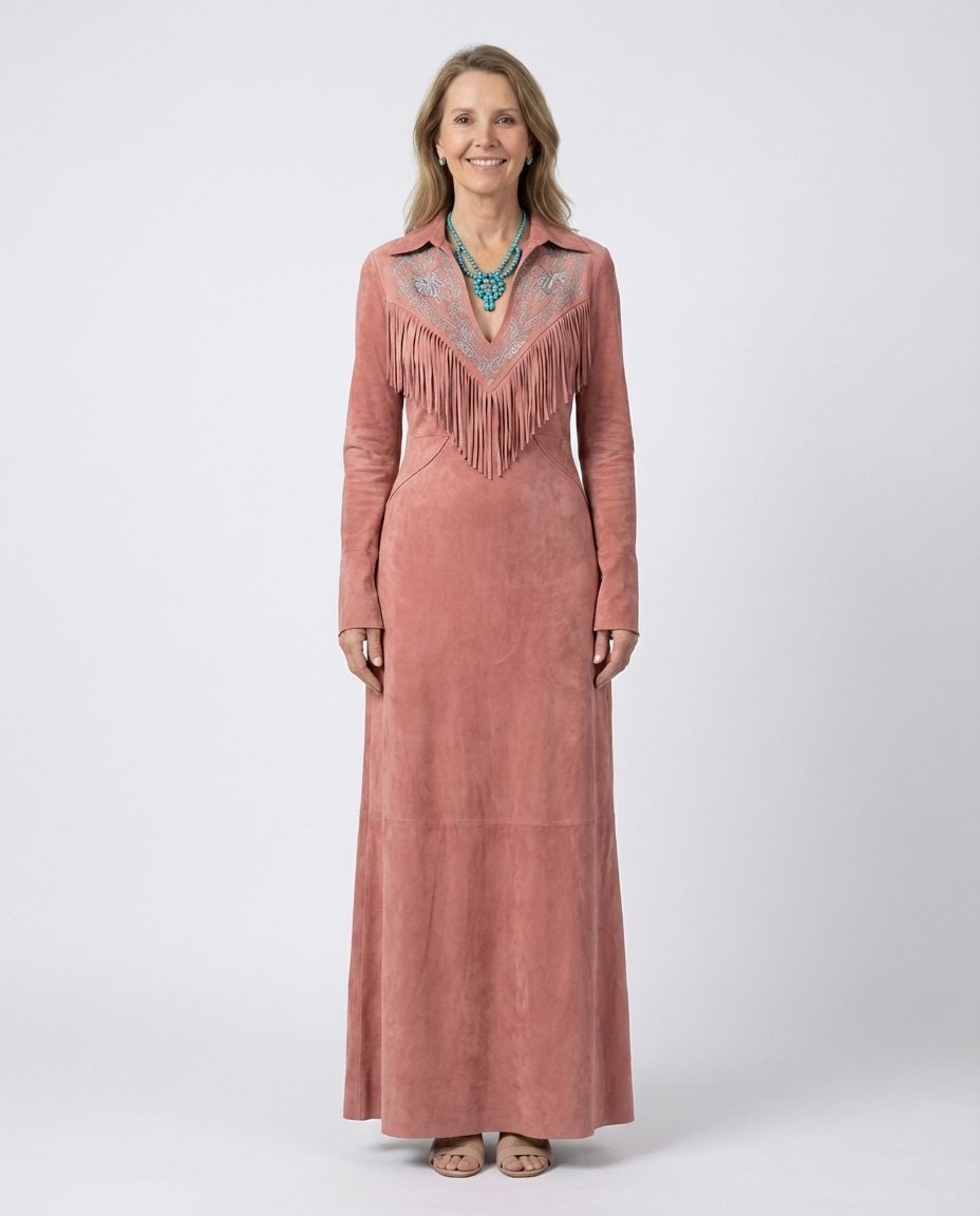 Western Fringe Embroidered Yoke Collared Long Sleeve Suede Look Maxi Dress