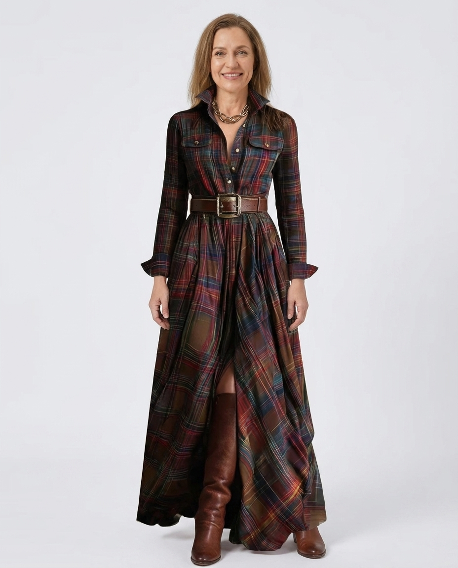 Collared Long Sleeve Belted Plaid Shirt Maxi Dress