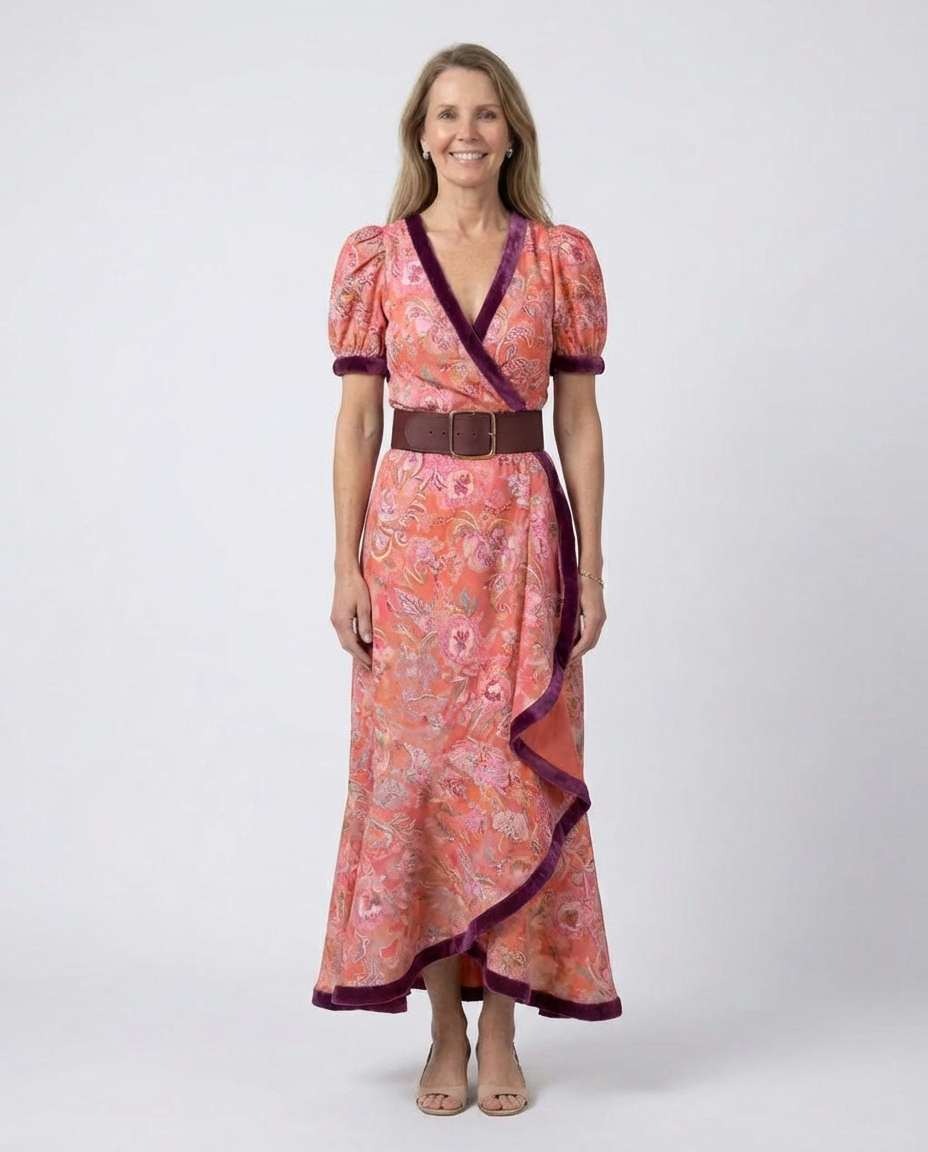 Floral Print V-Neck Puff Sleeve Belted Ruffle Maxi Dress