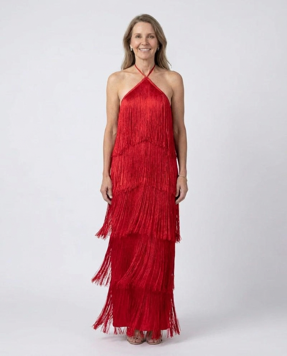 Halter Neck Tiered Fringe Maxi Dress