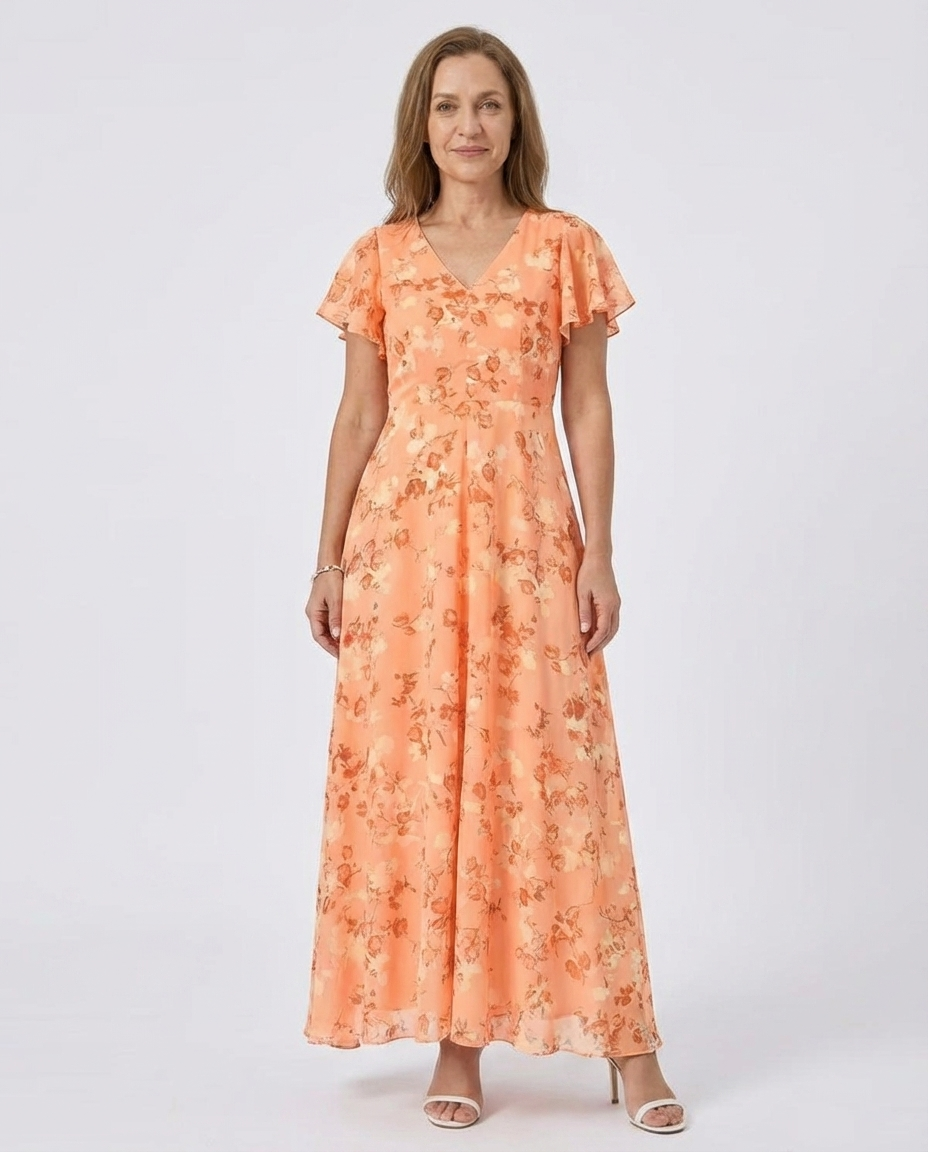 Floral V-Neck Flutter Sleeve Maxi Dress