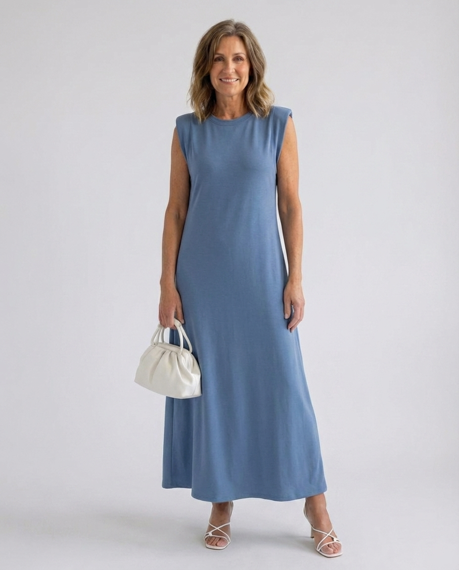 Crew Neck Sleeveless Padded Shoulder Maxi Dress