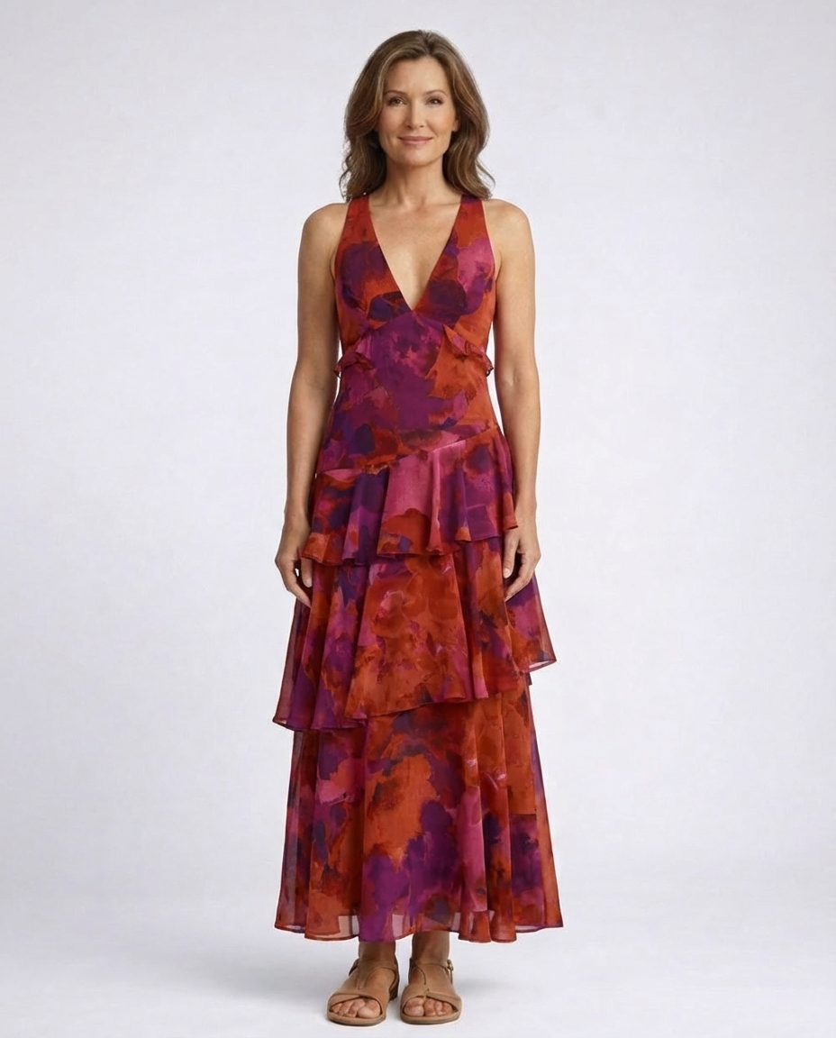 Floral Deep V-Neck Sleeveless Tiered Ruffle Maxi Dress