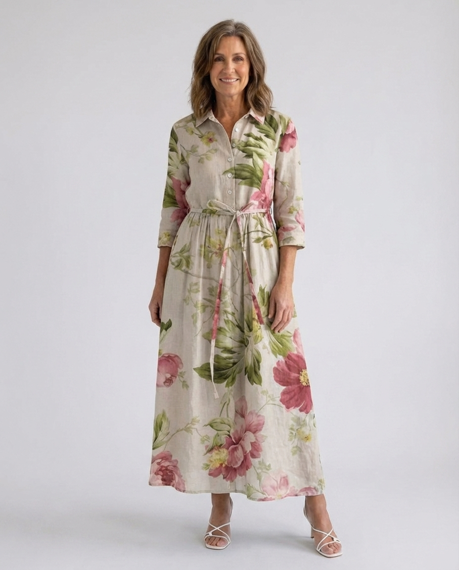 Floral Print Collared Button Front Belted Maxi Shirt Dress
