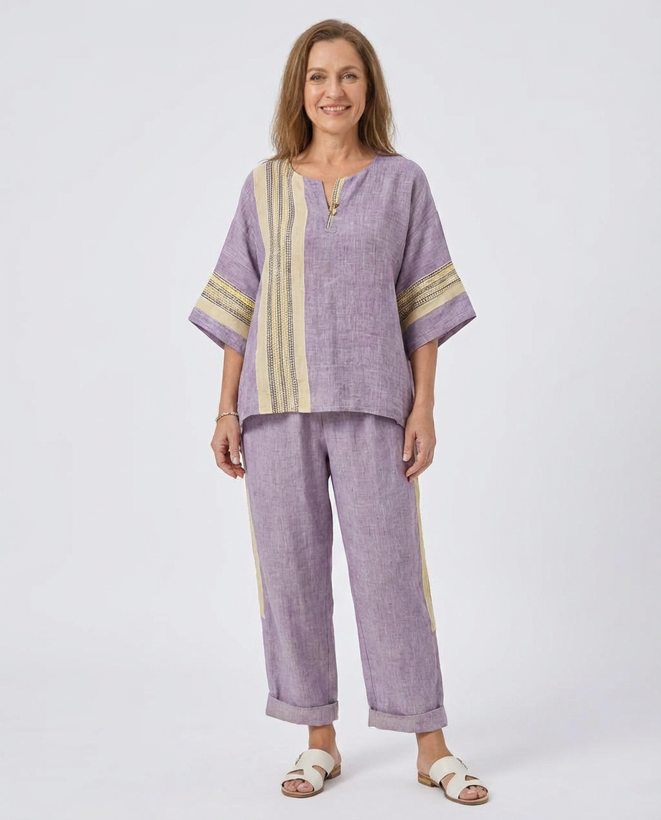 Half Sleeve Contrast Stripe Top and Pants Two Piece Set