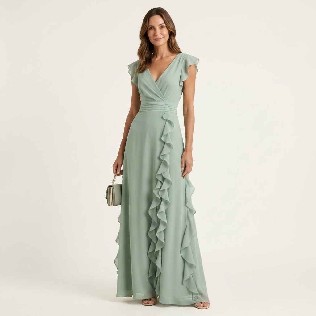 Wrap V-Neck Flutter Sleeve Cascading Ruffle Maxi Dress 11