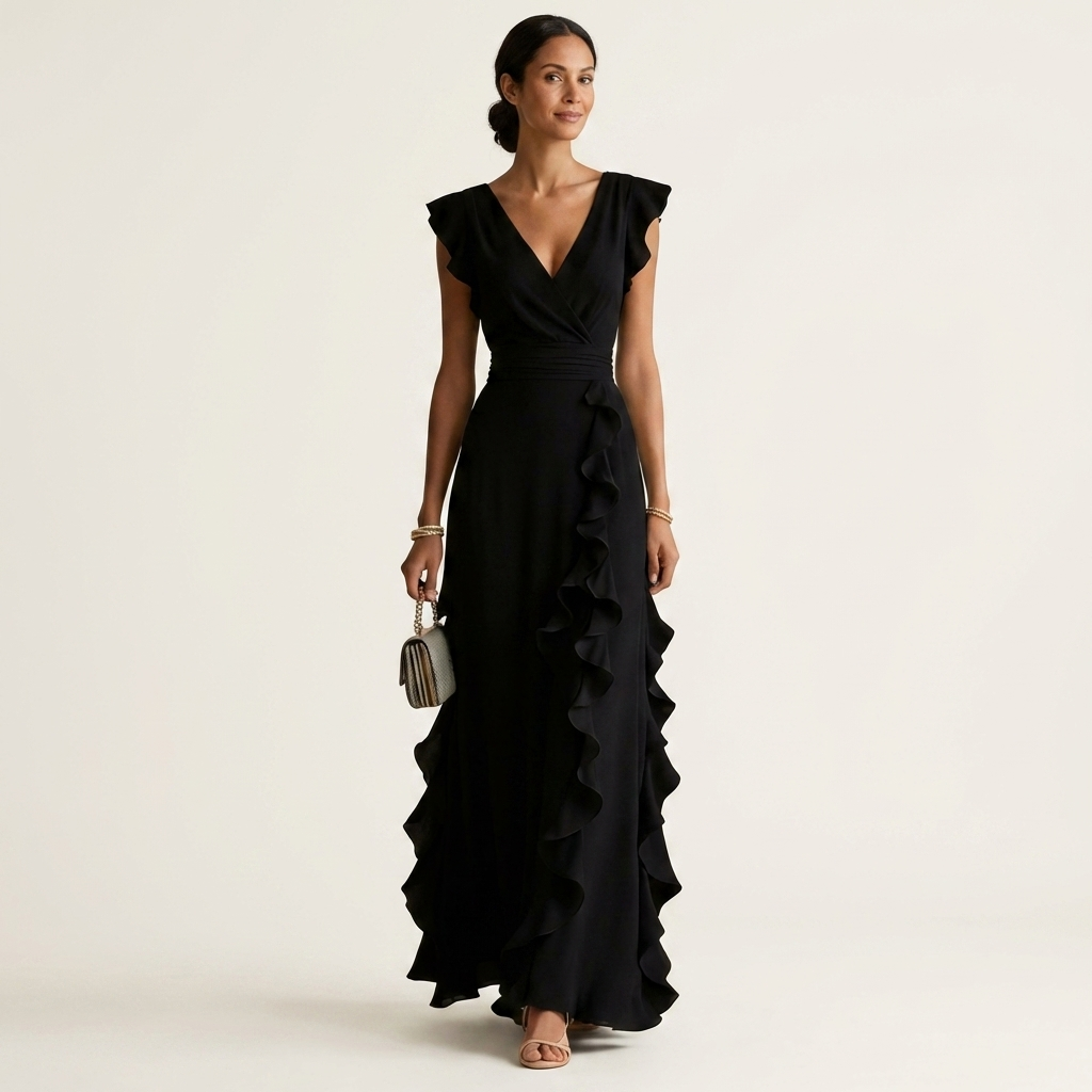 Wrap V-Neck Flutter Sleeve Cascading Ruffle Maxi Dress 9