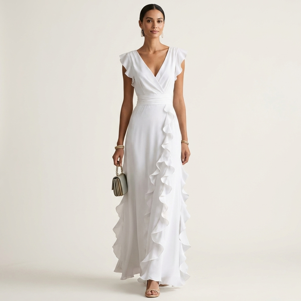 Wrap V-Neck Flutter Sleeve Cascading Ruffle Maxi Dress 5
