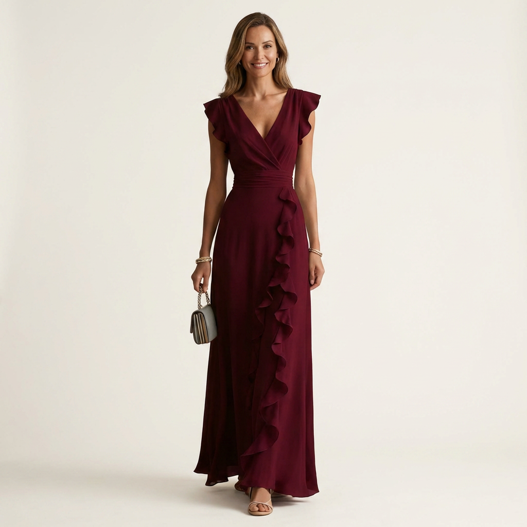 Wrap V-Neck Flutter Sleeve Cascading Ruffle Maxi Dress 3