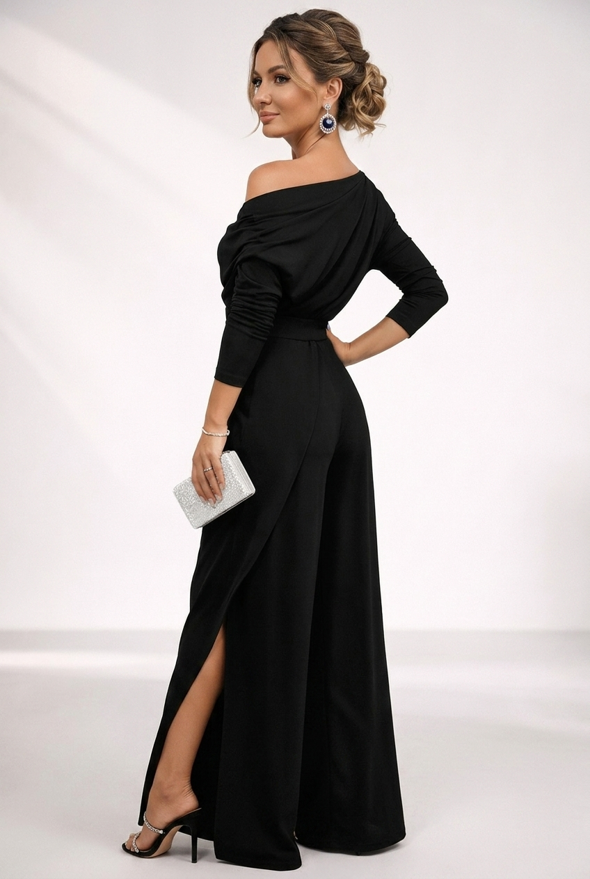 One Shoulder Long Sleeve Wide Leg Slit Jumpsuit 2
