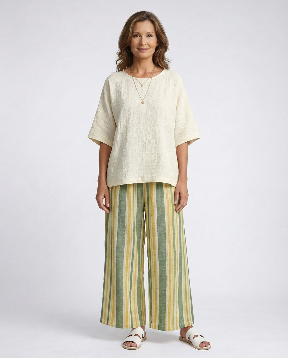 Round Neck Half Sleeve Top and Striped Wide Leg Pants Two Piece Set
