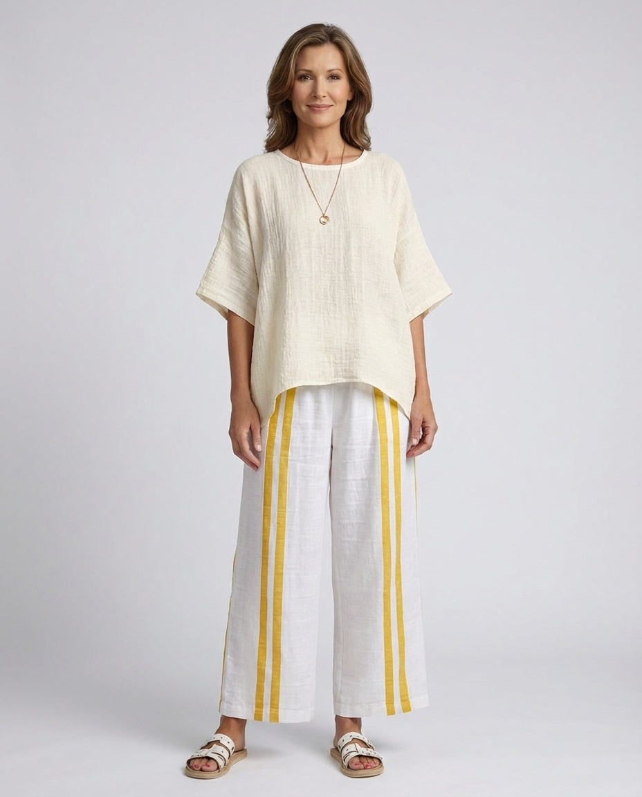 Short Sleeve Top and Striped Wide Leg Pants Two Piece Set