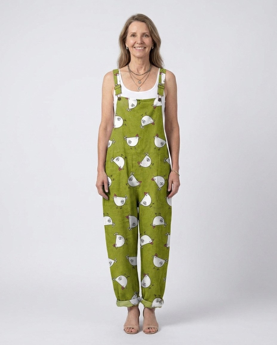 Chicken Print Adjustable Strap Wide Leg Overall Jumpsuit