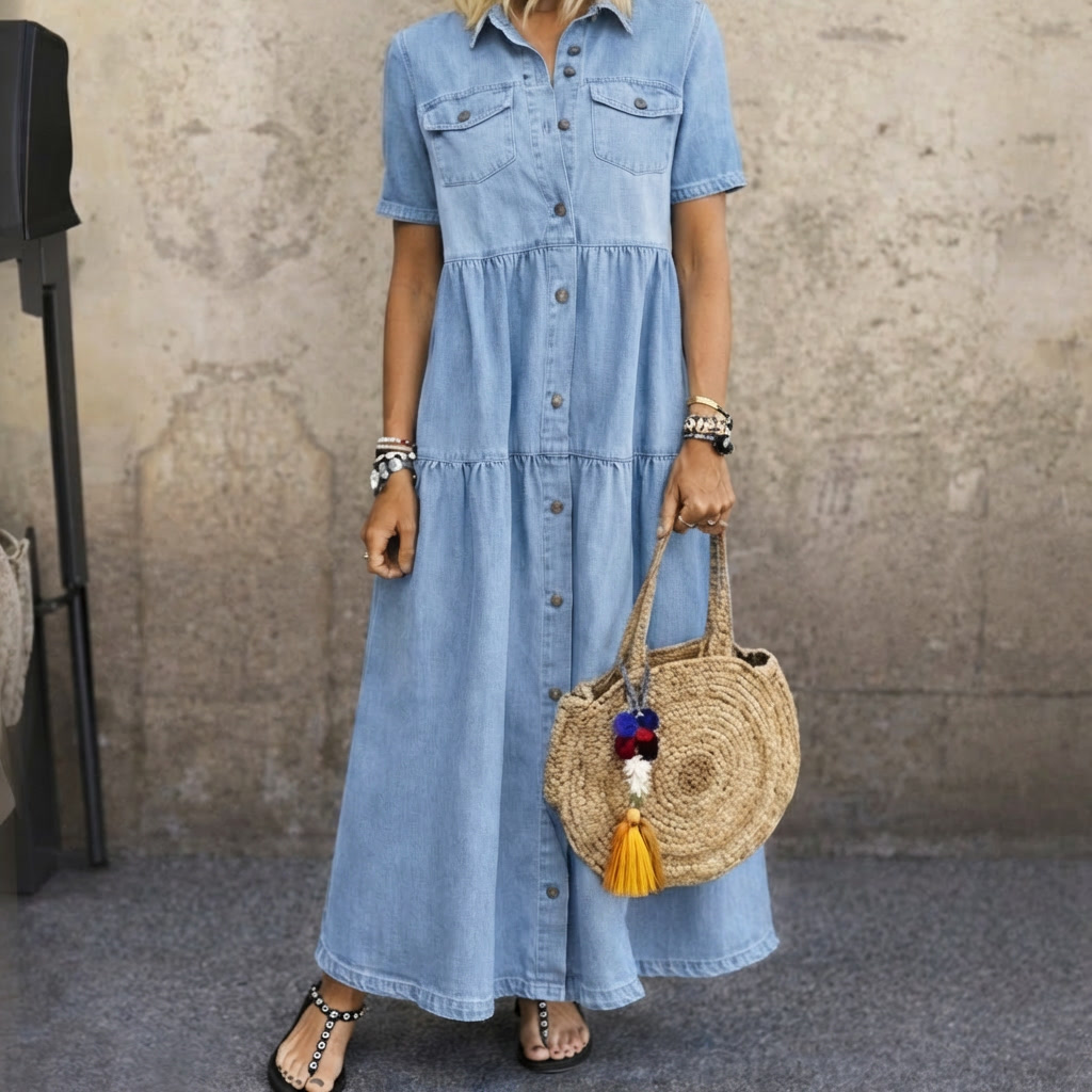 Collared Short Sleeve Button Front Tiered Denim Maxi Dress