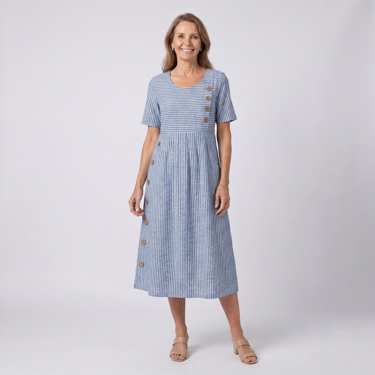 Scoop Neck Short Sleeve Side Button Striped Midi Dress