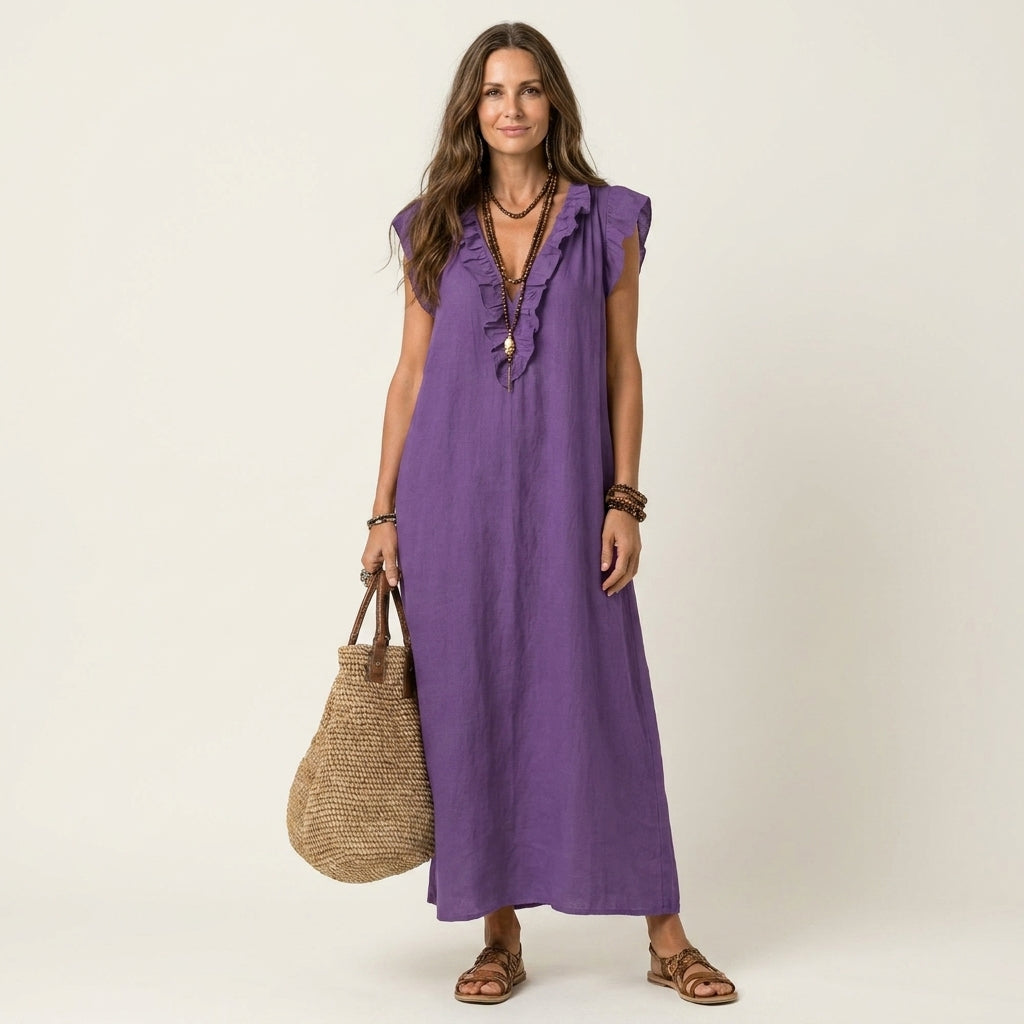 V-Neck Ruffle Trim Sleeveless Linen Maxi Dress 15