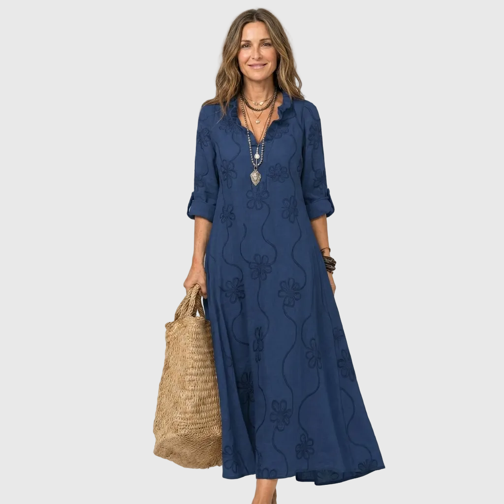 Floral Embroidered Long Sleeve Ruffle Neck Maxi Dress 6