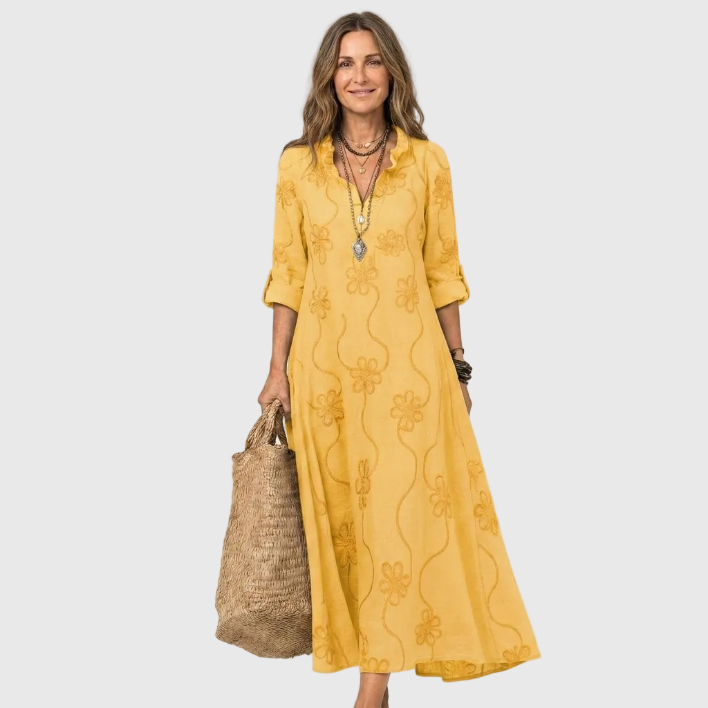 Floral Embroidered Long Sleeve Ruffle Neck Maxi Dress 8