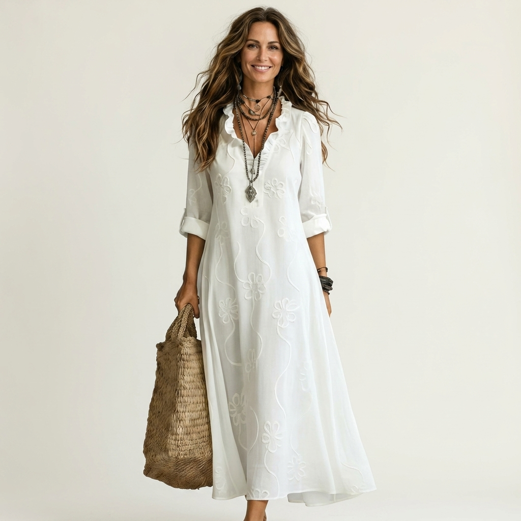 Floral Embroidered Ruffle Neck Long Sleeve Maxi Dress