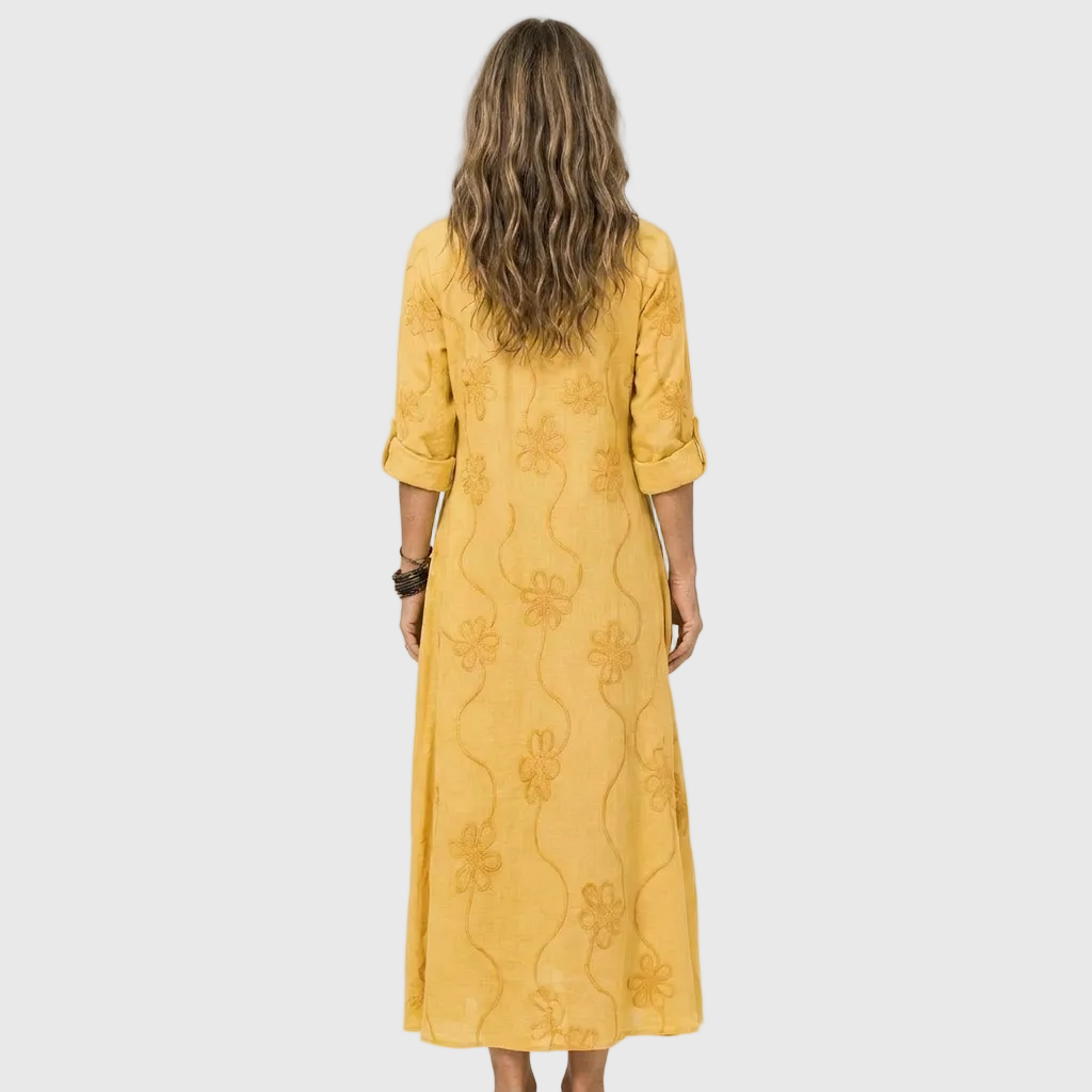 Floral Embroidered Long Sleeve Ruffle Neck Maxi Dress 9