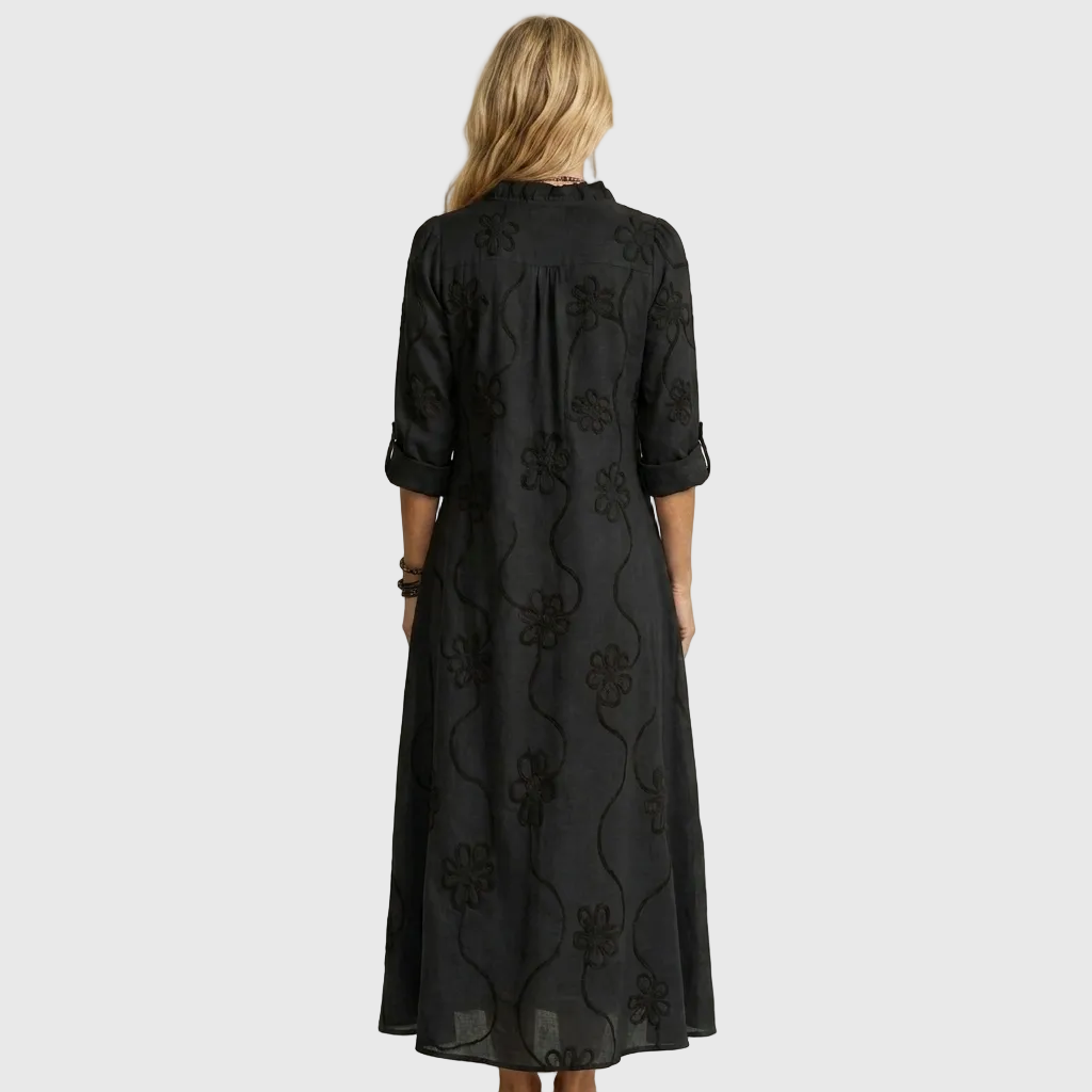 Floral Embroidered Long Sleeve Ruffle Neck Maxi Dress 11