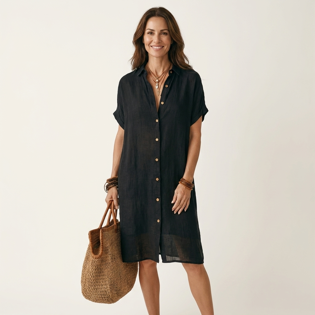 Linen Look Button Front Short Sleeve Midi Shirt Dress 3