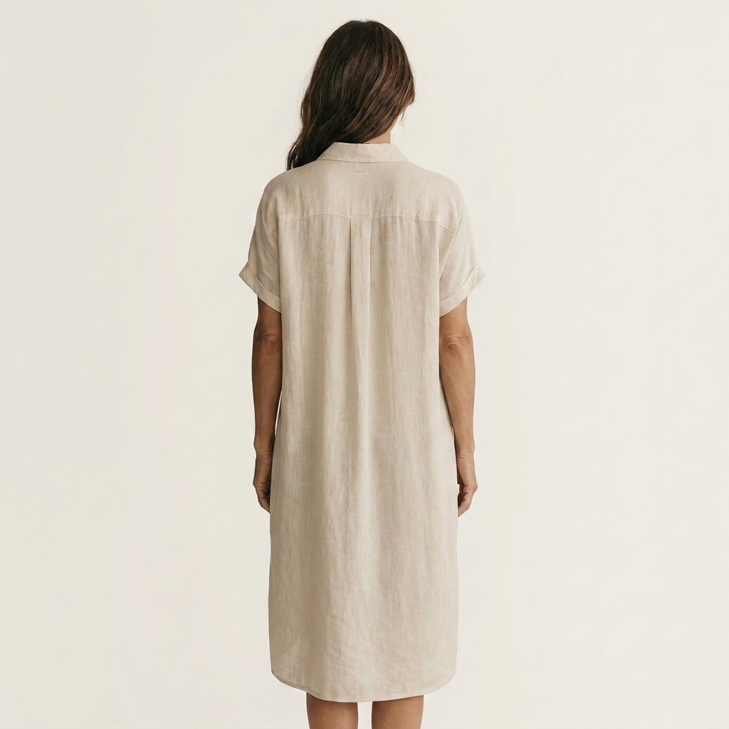 Linen Look Collared Short Sleeve Button Front Midi Shirt Dress 6