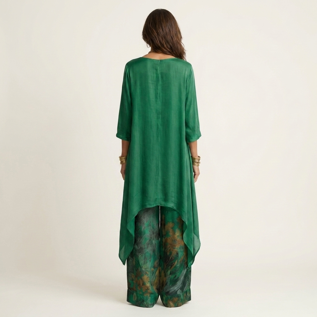 Asymmetric Hem Tunic and Printed Wide Leg Pants Two Piece Set 2