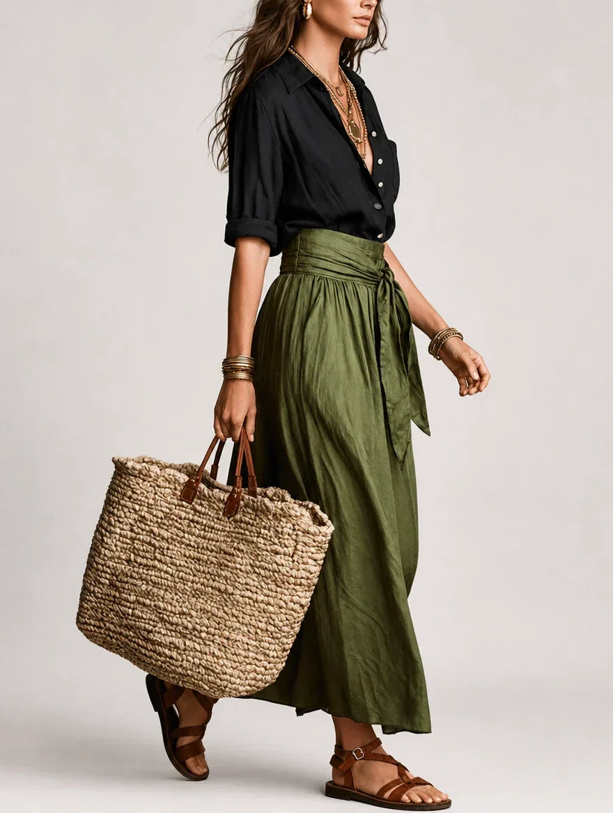 High Waist Tie Front Pleated Maxi Skirt 2