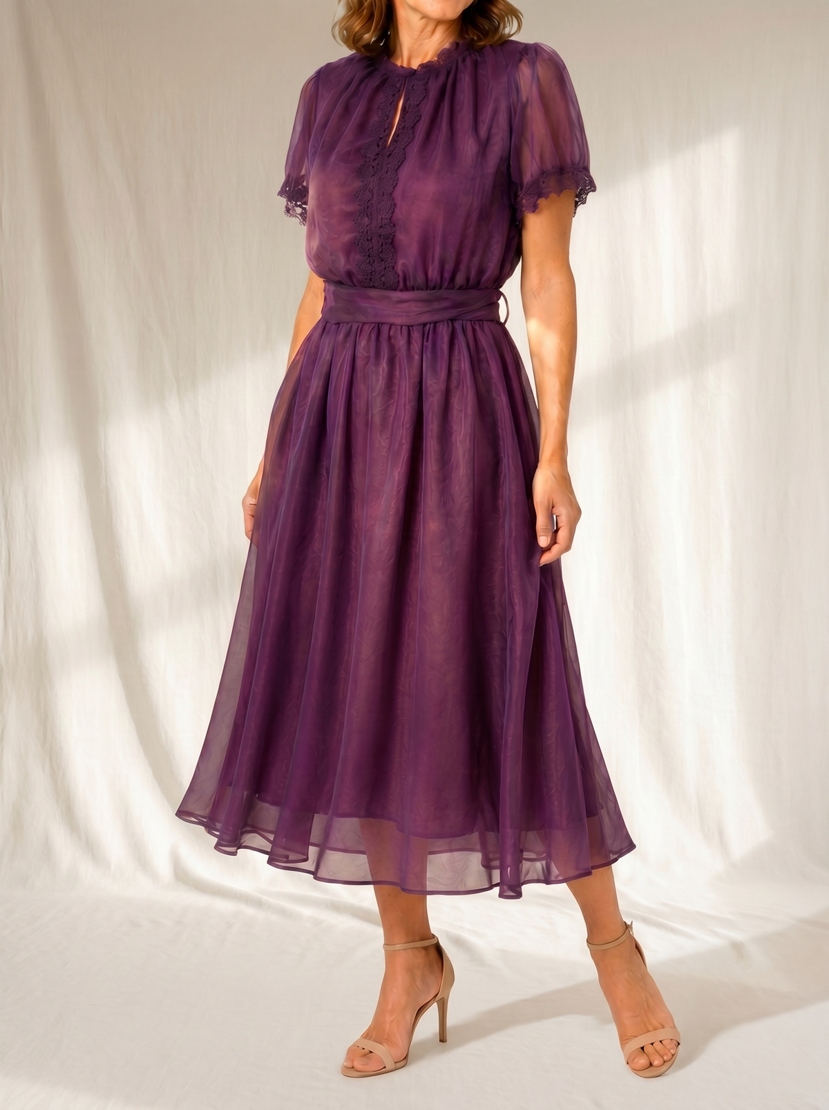 Organza Keyhole Lace Trim Short Sleeve A-Line Midi Dress 2