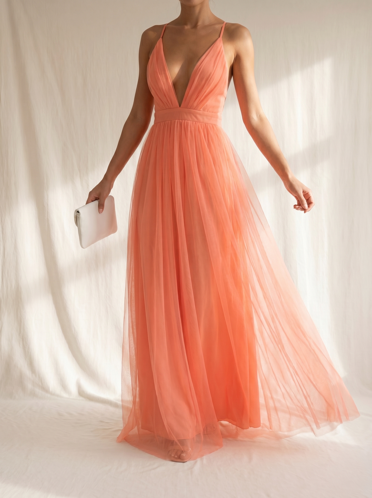 Tulle Deep V-Neck Spaghetti Strap Flowy Maxi Gown 2