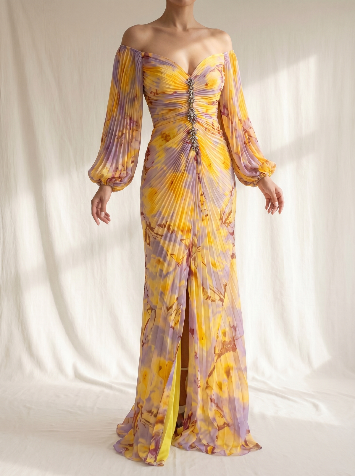 Floral Chiffon Off Shoulder Bishop Sleeve Pleated Maxi Gown 2