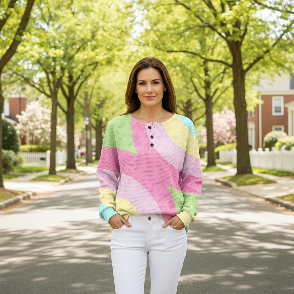 Color Block Waffle Knit Button Neck Sweatshirt 2
