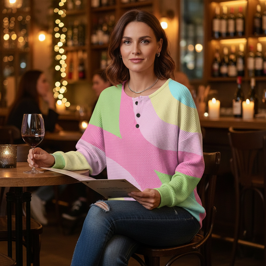 Color Block Waffle Knit Button Neck Sweatshirt 3