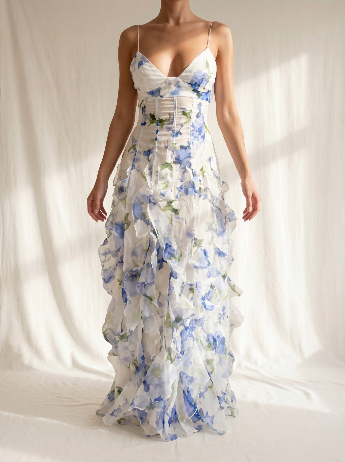 Floral V-Neck Spaghetti Strap Ruffle Maxi Dress 2