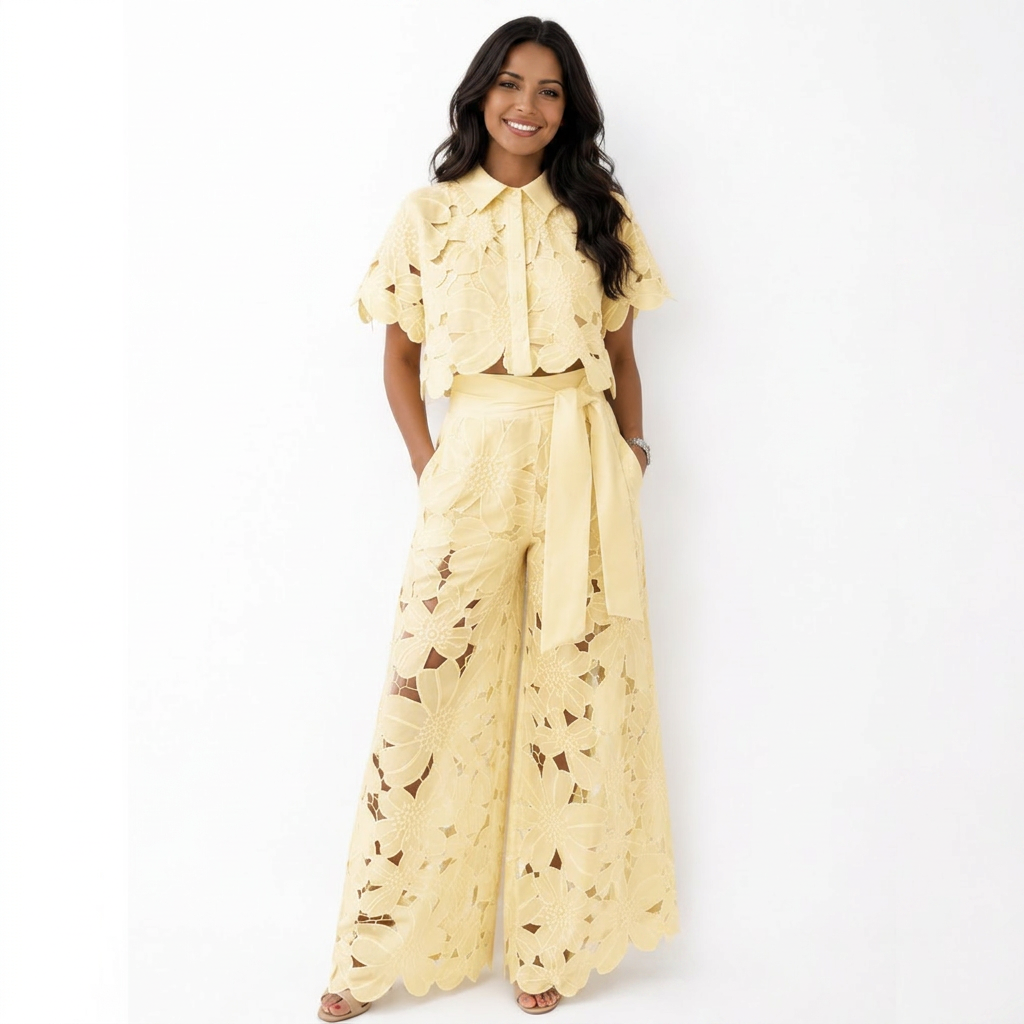 Lace Short Sleeve Crop Top and Wide Leg Pants Two Piece Set 5