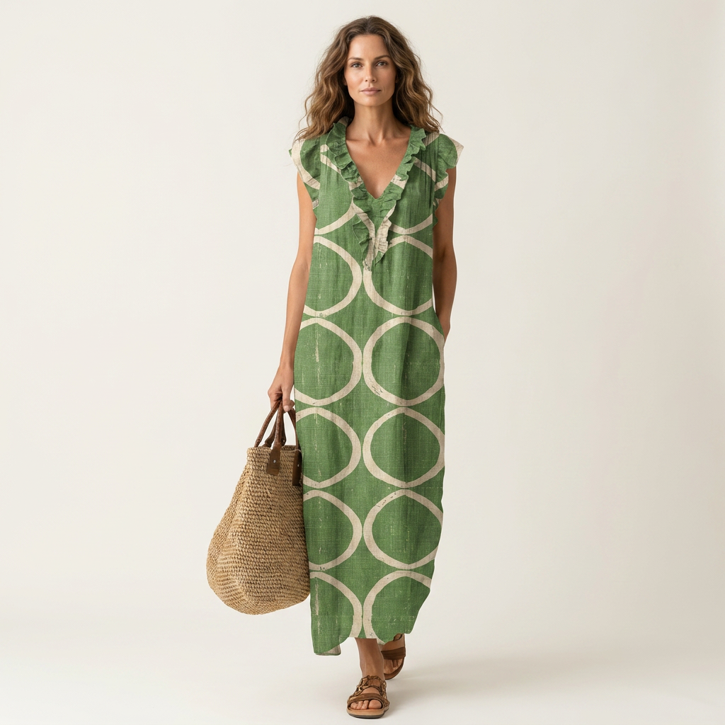 Geometric Print Ruffle V-Neck Sleeveless Maxi Dress