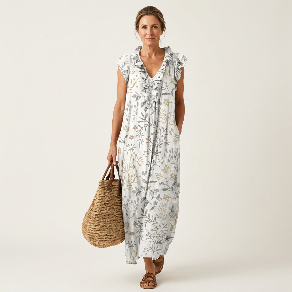 Floral Print Ruffle V-Neck Sleeveless Maxi Dress