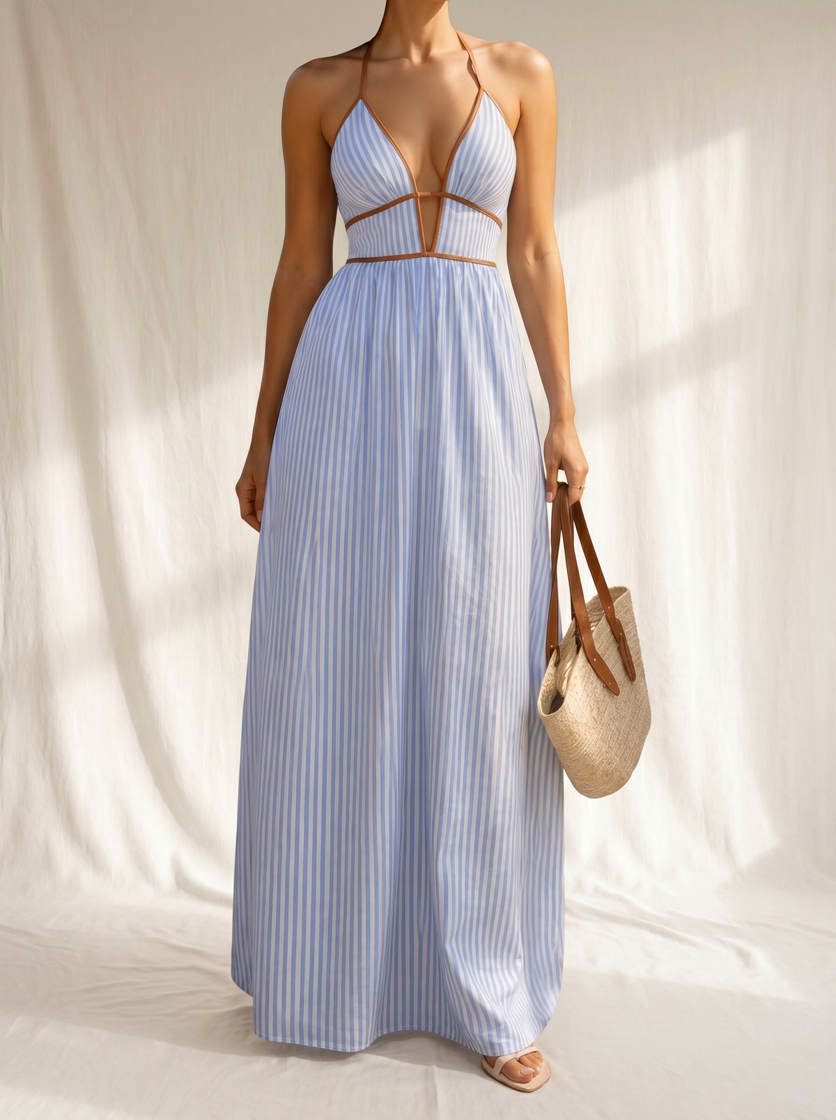Striped Contrast Trim Deep V-Neck Strappy Maxi Summer Dress 2