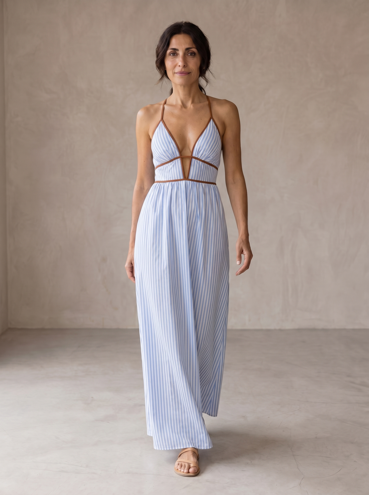 Striped Contrast Trim Plunge V-Neck Cross Back Maxi Dress