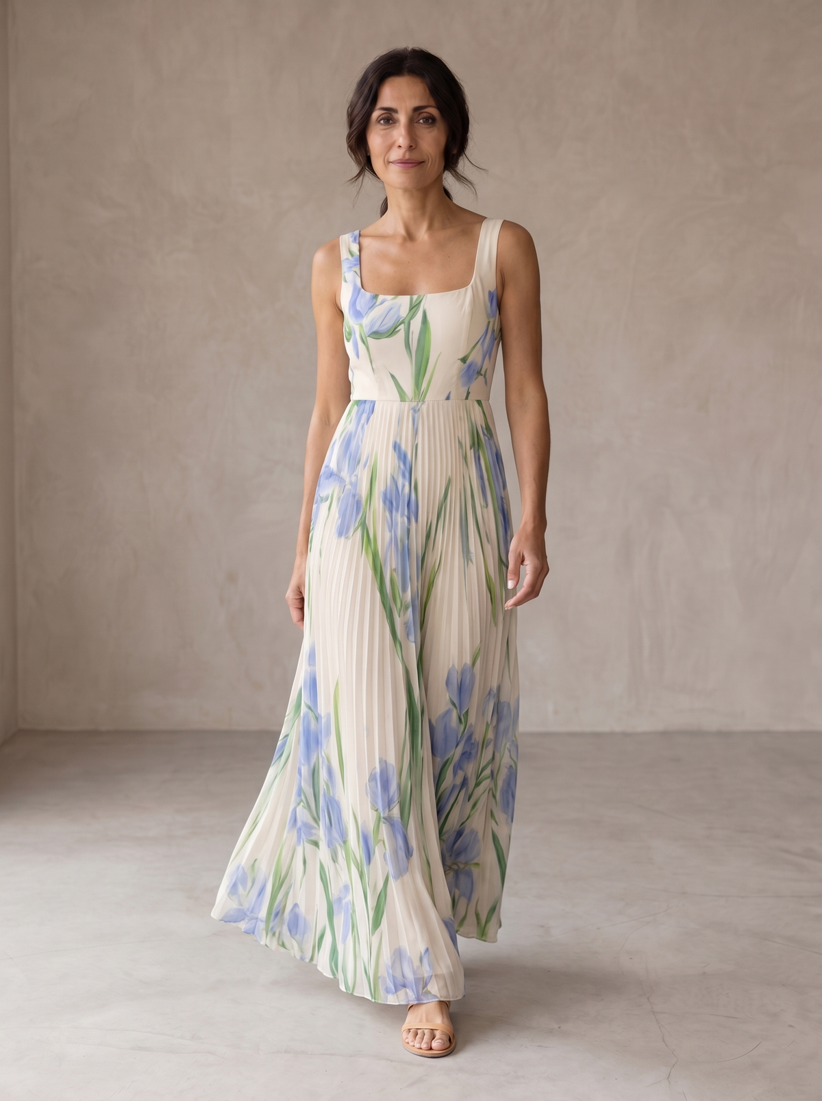 Floral Print Square Neck Pleated A-Line Maxi Dress