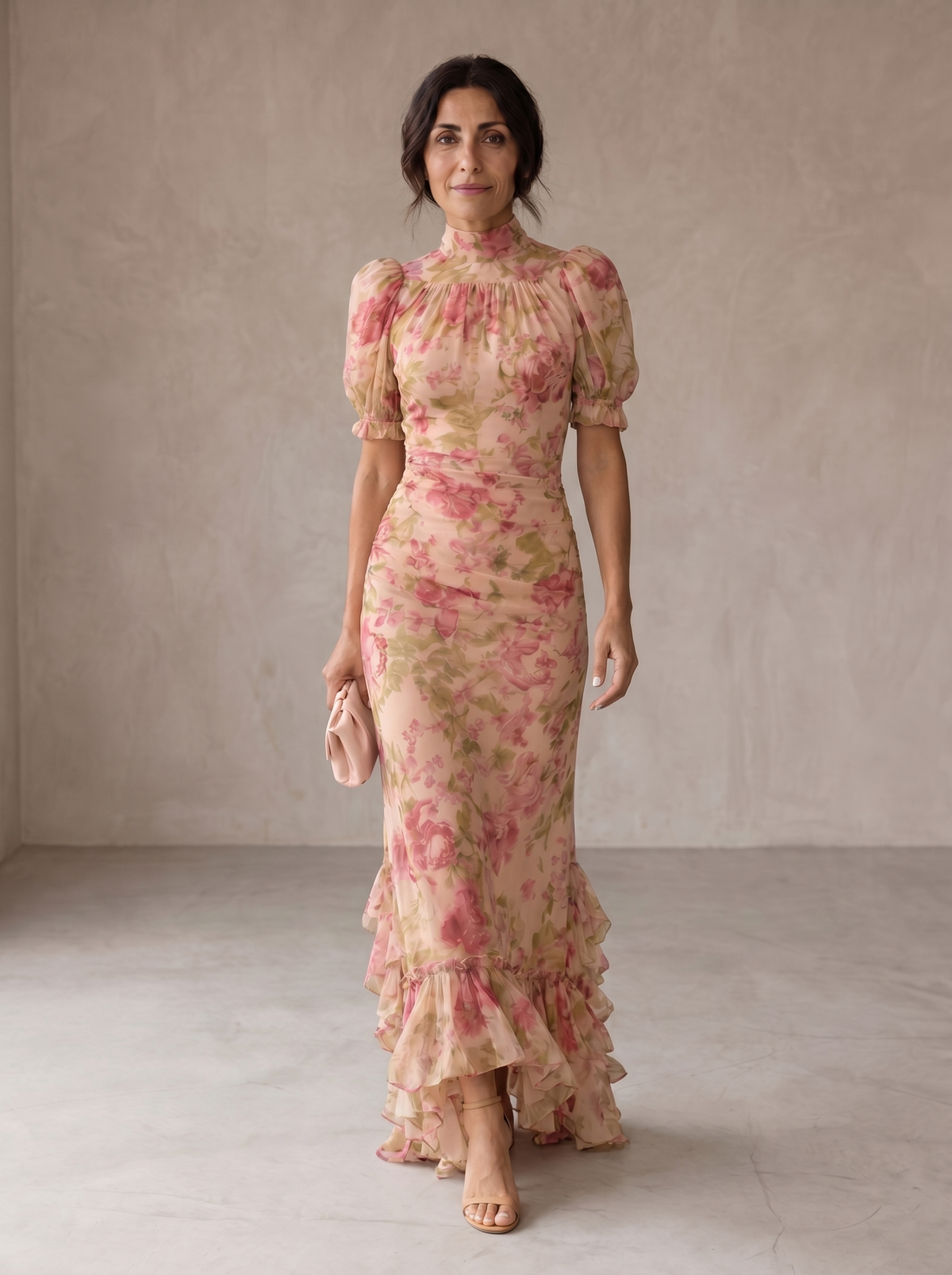 Floral Print High Neck Puff Sleeve Ruffle Hem Chiffon Maxi Dress