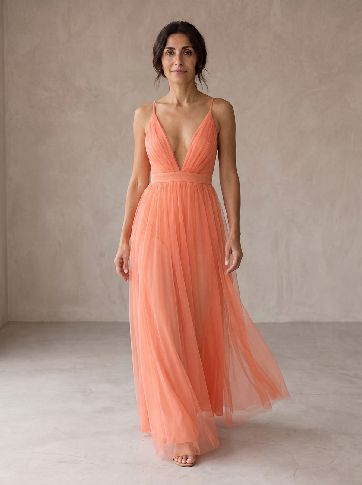 Deep V-Neck Spaghetti Strap Tulle Maxi Gown