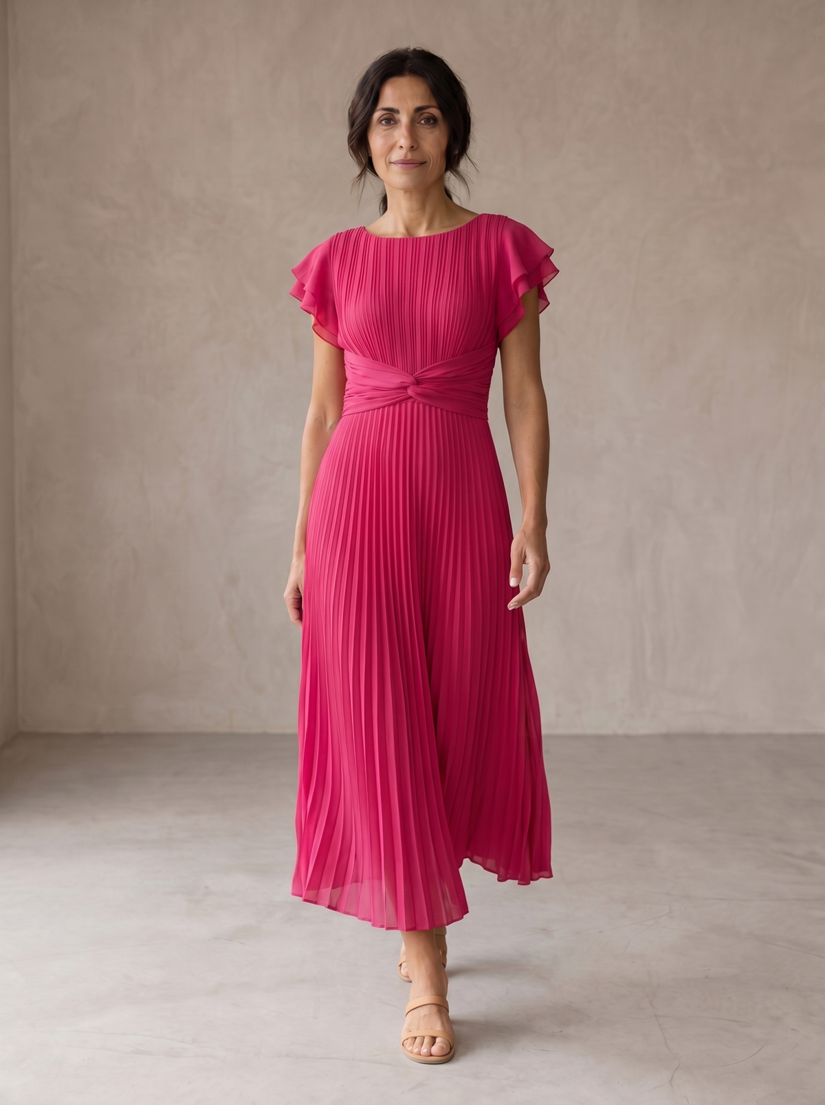 Pleated Boat Neck Flutter Sleeve Twist Waist Midi Dress
