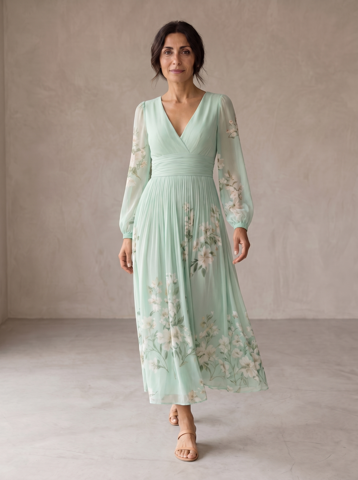 Floral V-Neck Long Sleeve Pleated Chiffon Maxi Dress