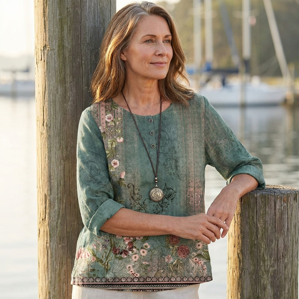 Floral Embroidered Round Neck Roll Tab Sleeve Tunic Top 2