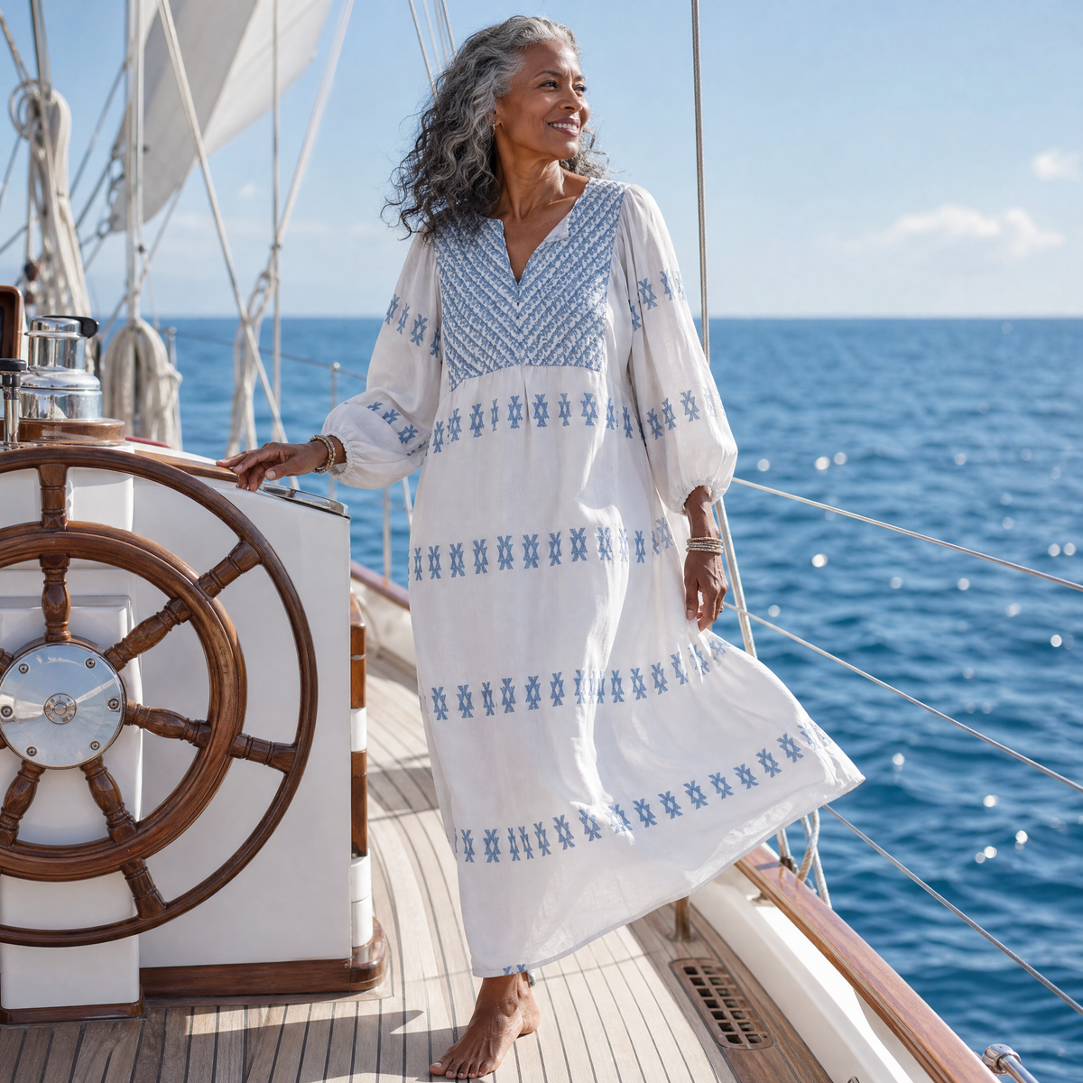 V-Neck Long Sleeve Geometric Embroidered Maxi Dress