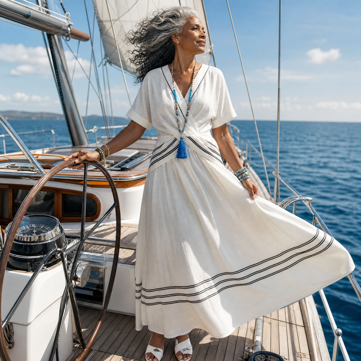 V-Neck Kimono Sleeve Tie Waist Striped Hem Maxi Dress