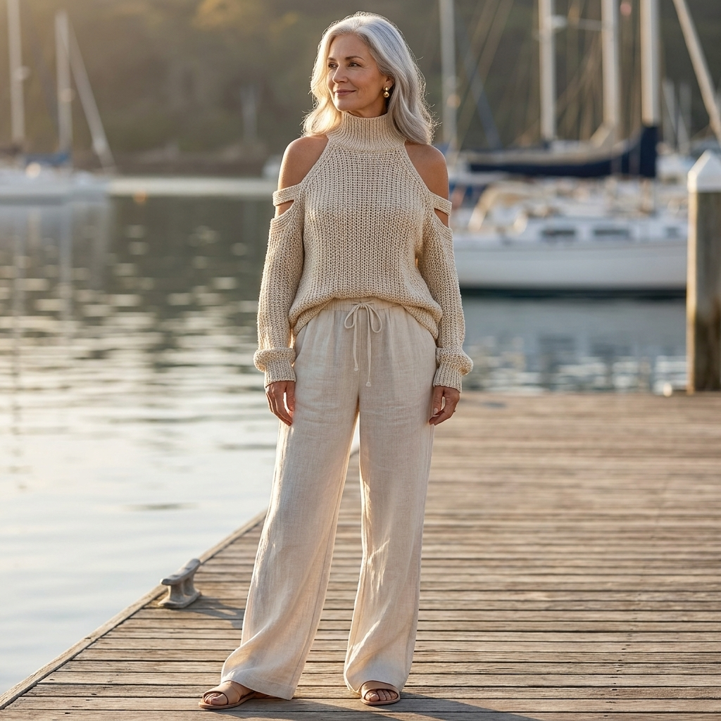 Cold Shoulder Mock Neck Knit Sweater and Wide Leg Pants Two Piece Set
